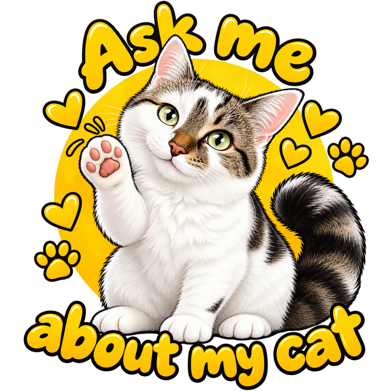 Yellow Ask me about my cat personalised design featuring a tabby cat