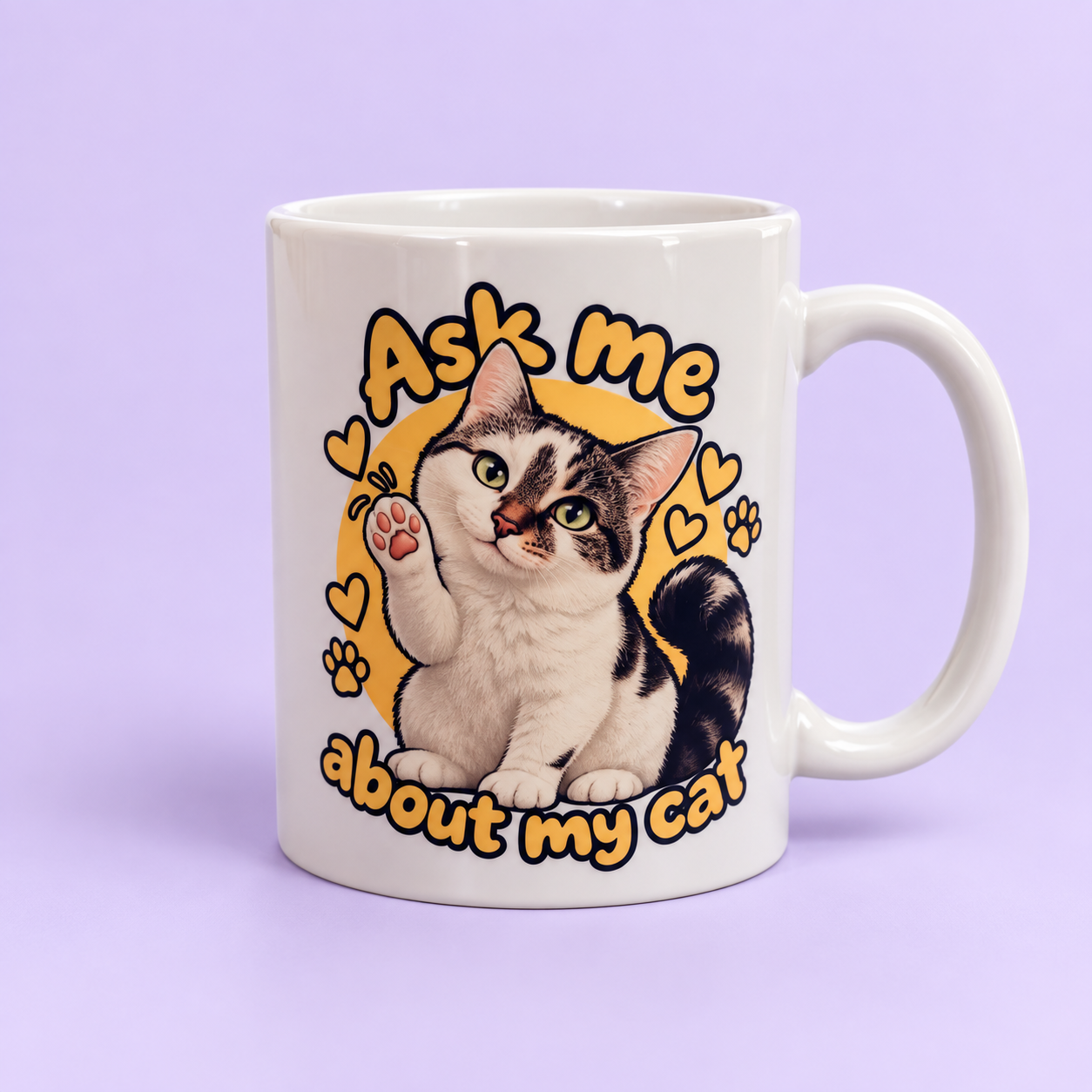 Personalised white pet mug with yellow Ask me about my cat design